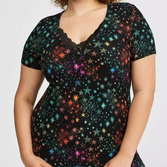 New Torrid Womens 3X Top Super Soft Rib V Neck Lace Sleep Tee Rainbow Stars - Picture 1 of 6
